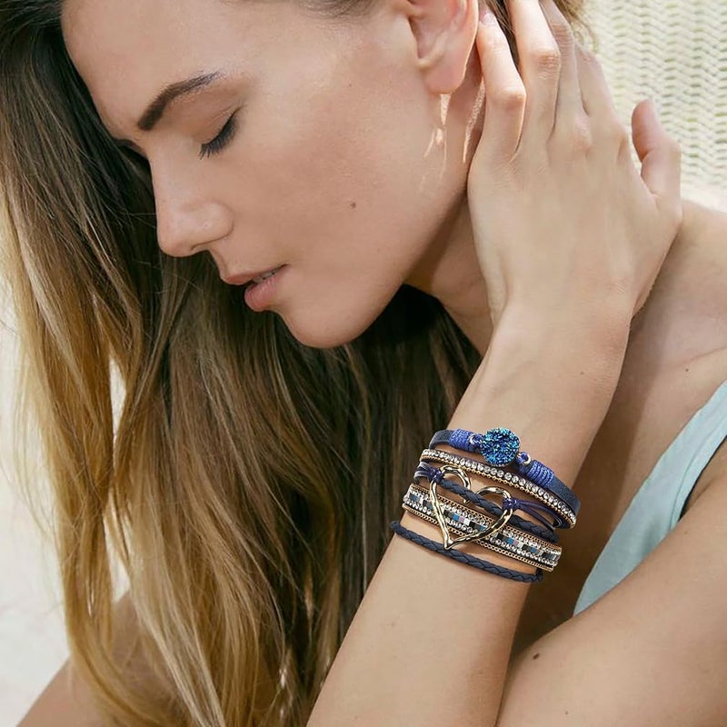 Suyi Multilayer Leather Wrap Bracelet Heart-Shape Wide Cuff Bracelets for Women - Image 2